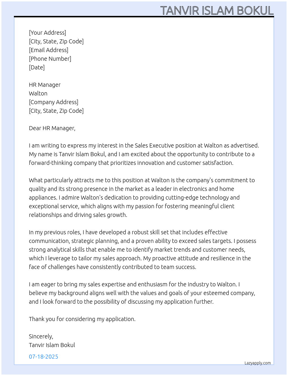 sales executive At Walton Cover Letter