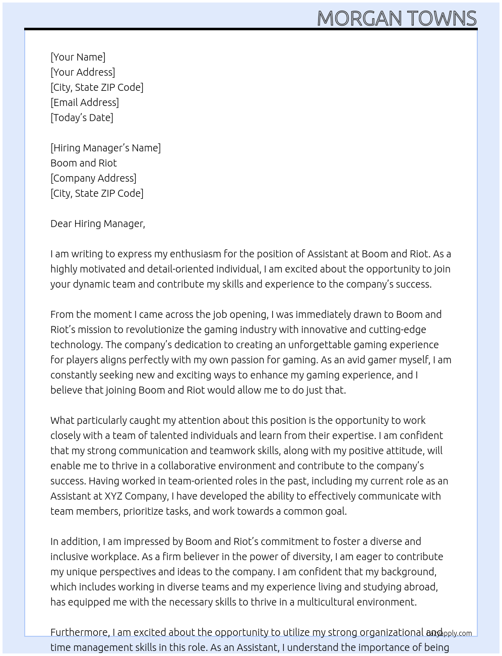 Assistant At Boom and Riot Cover Letter