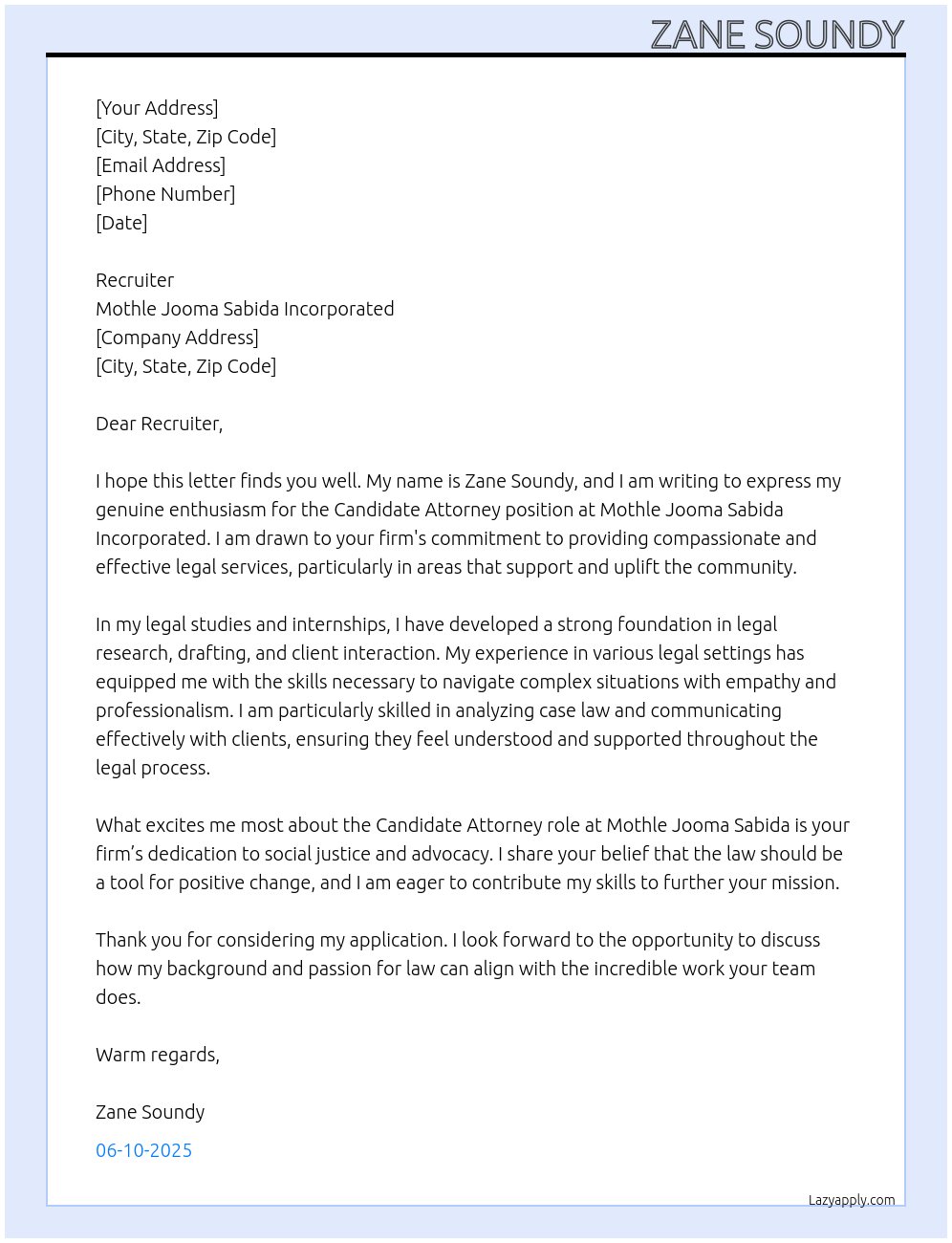 candidate attorney At Mothle Jooma Sabida Incorporated Cover Letter