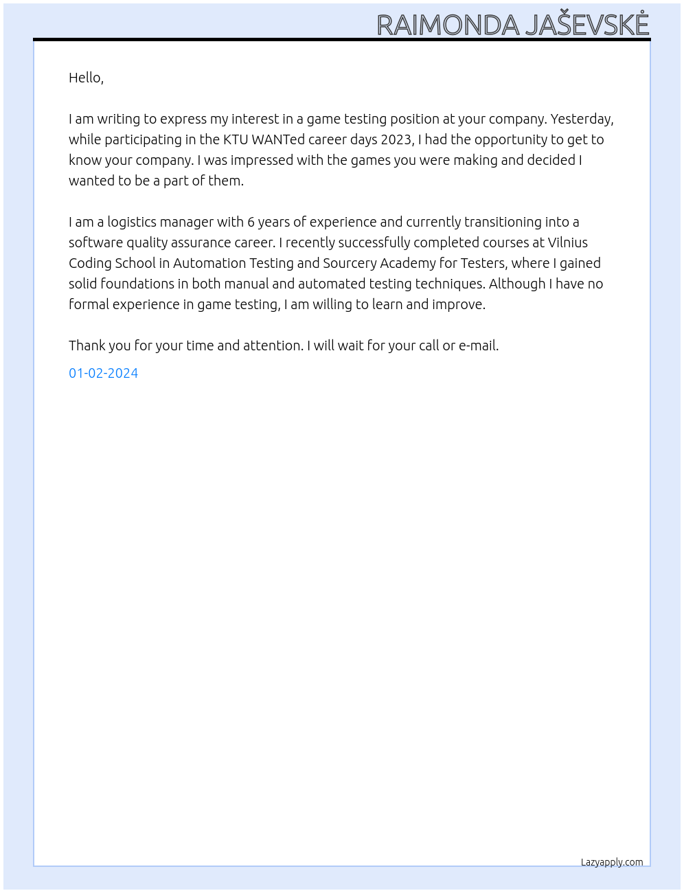 Game Tester At Tutotoons Cover Letter