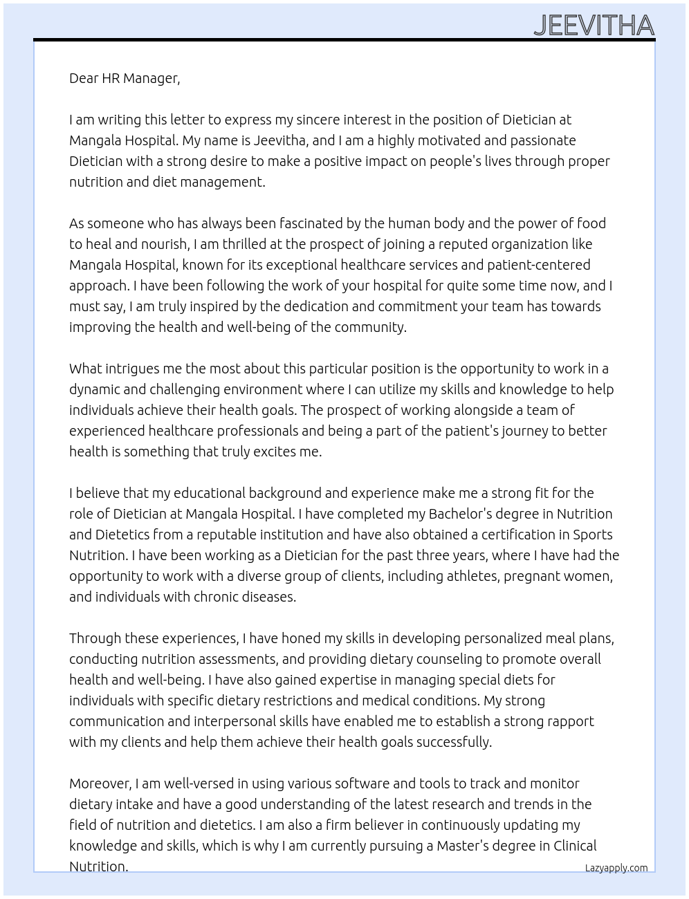 Dietician  At Mangala hospital  Cover Letter