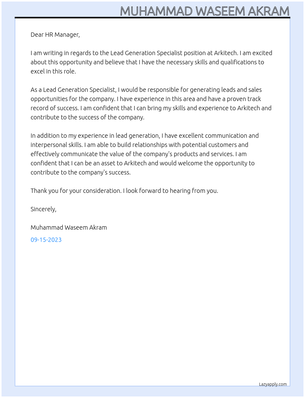 Lead Generation Specialist At Arkitech Cover Letter