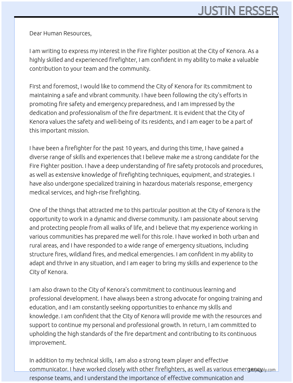 Fire Fighter  At City of Kenora Cover Letter