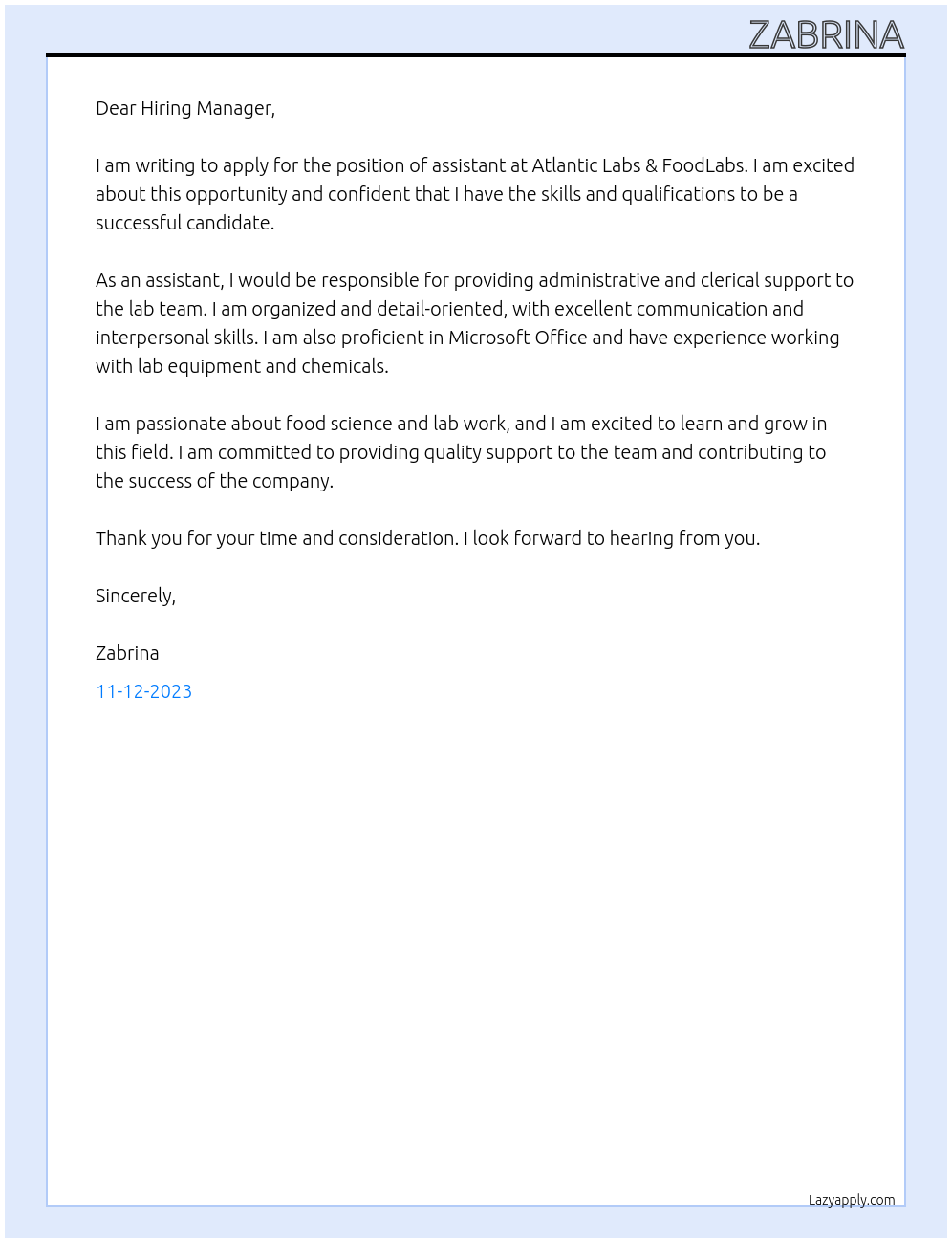 assistant  At Atlantic Labs & FoodLabs Cover Letter