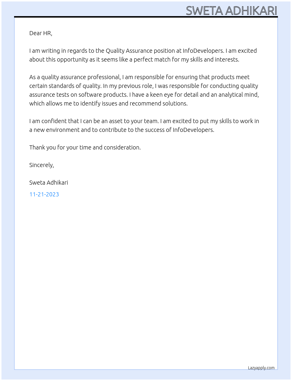 Quality Assurance At infodevelopers Cover Letter