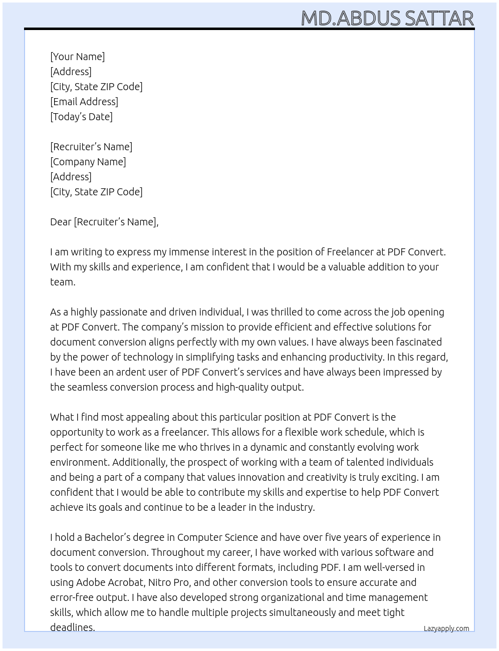 Freelancer At PDF Convert Cover Letter