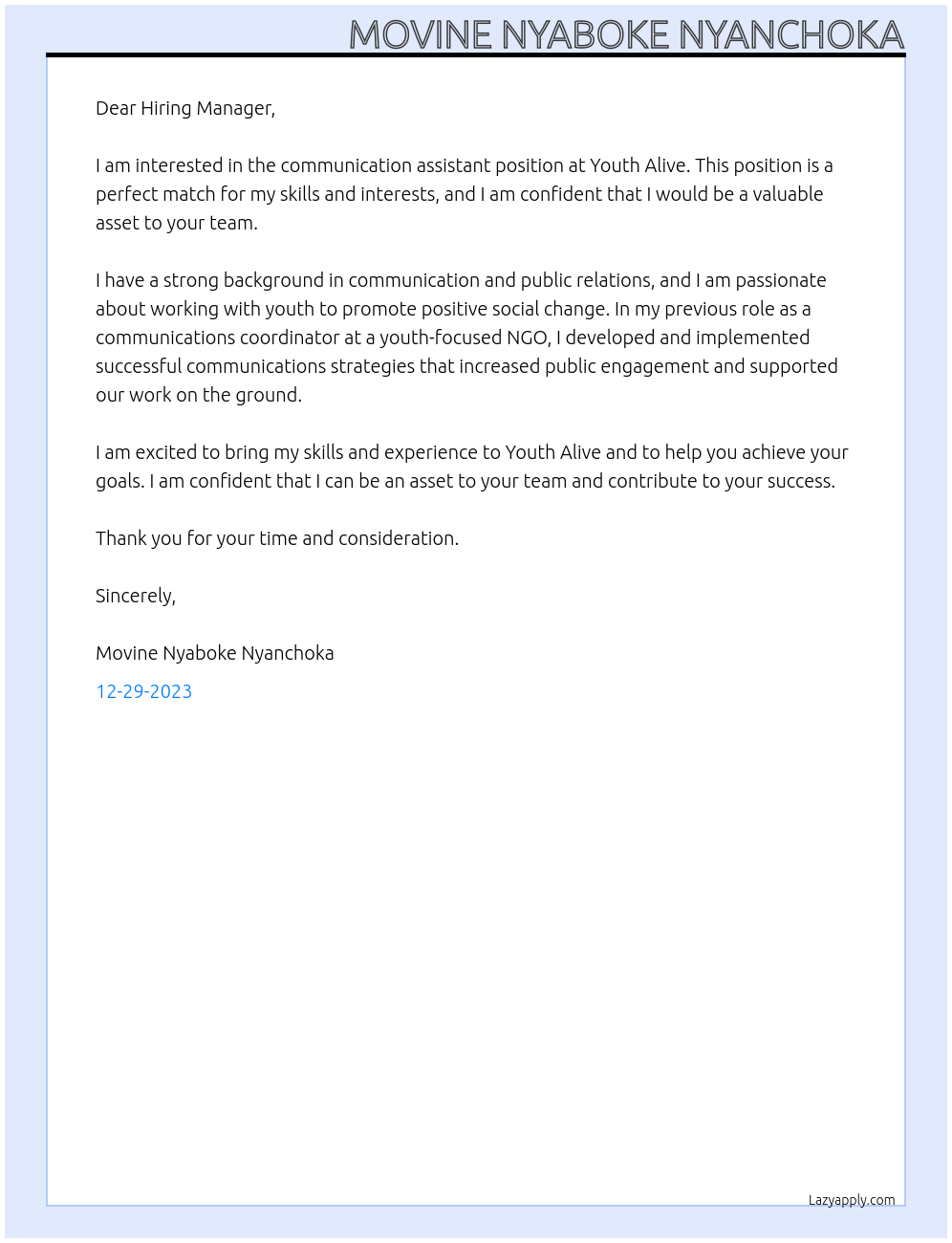 Communication assistant  At Youth Alive Cover Letter