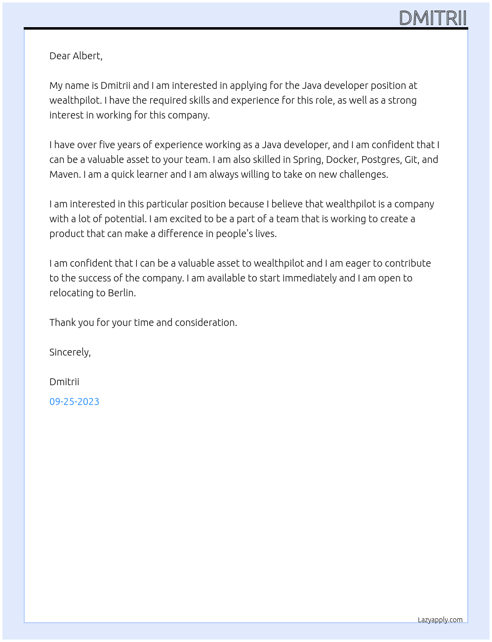 Java developer At wealthpilot Cover Letter