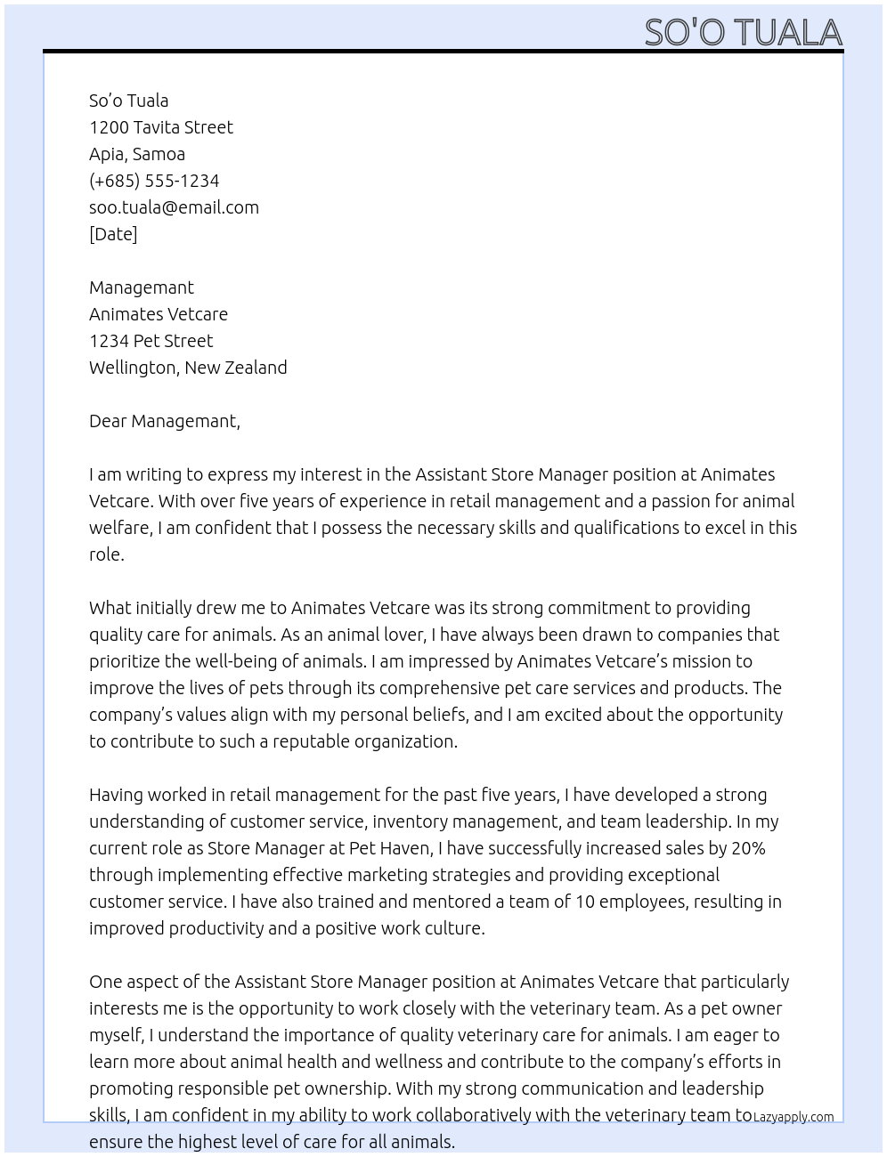 Assistant Store Manager At Animates Vetcare Cover Letter