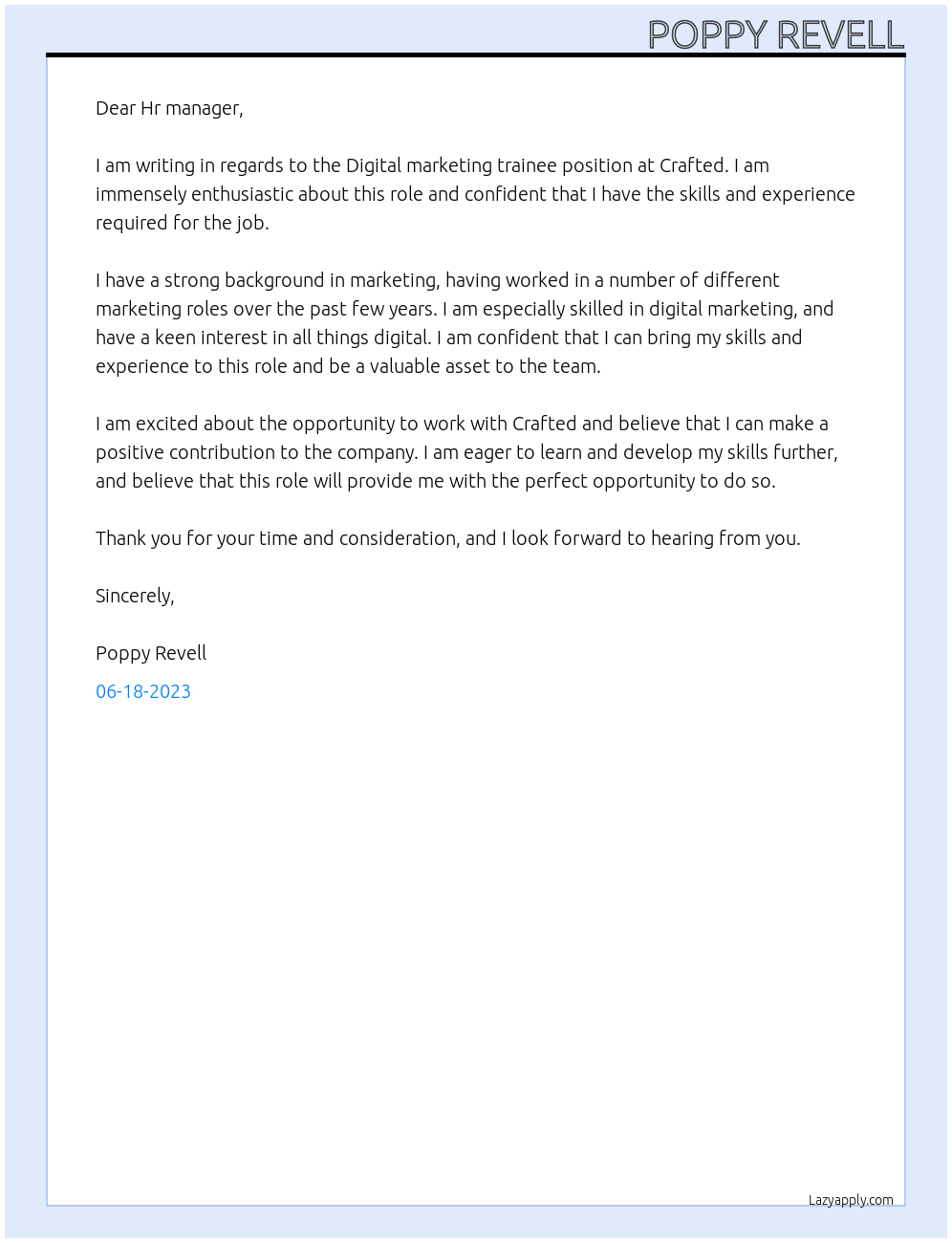 Cover letter for digital marketing trainee - LazyApply