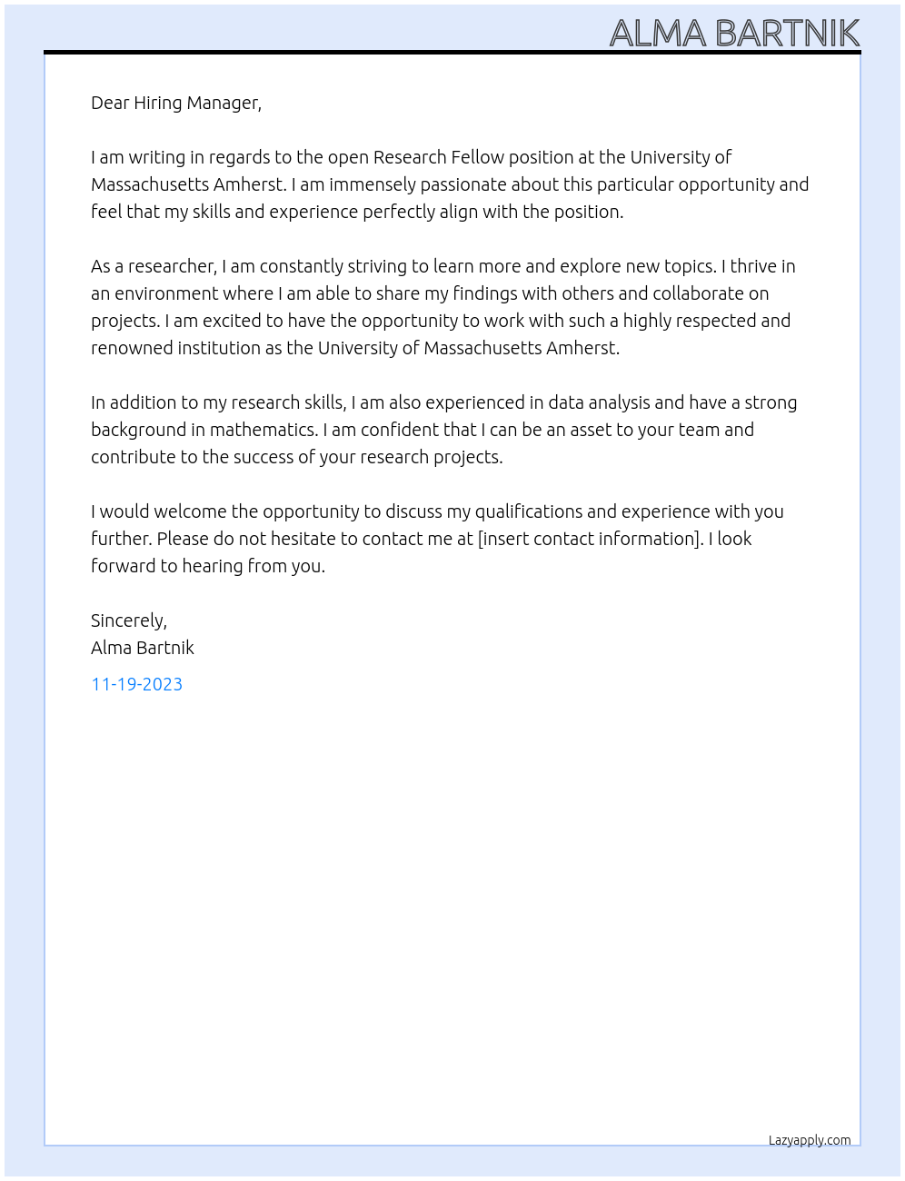 Research Fellow At University of Massachusetts Amherst Cover Letter