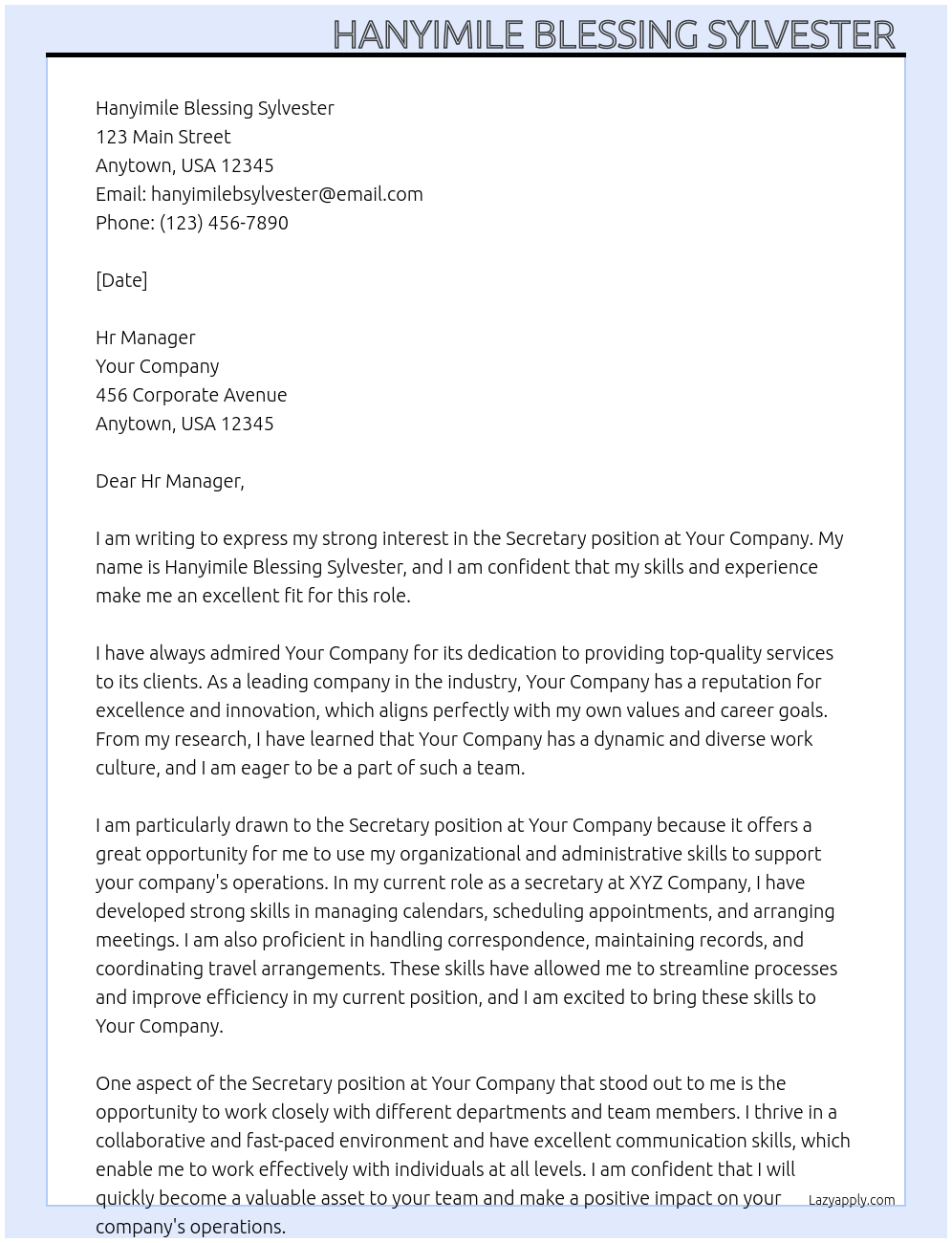 Secretary At Your company Cover Letter