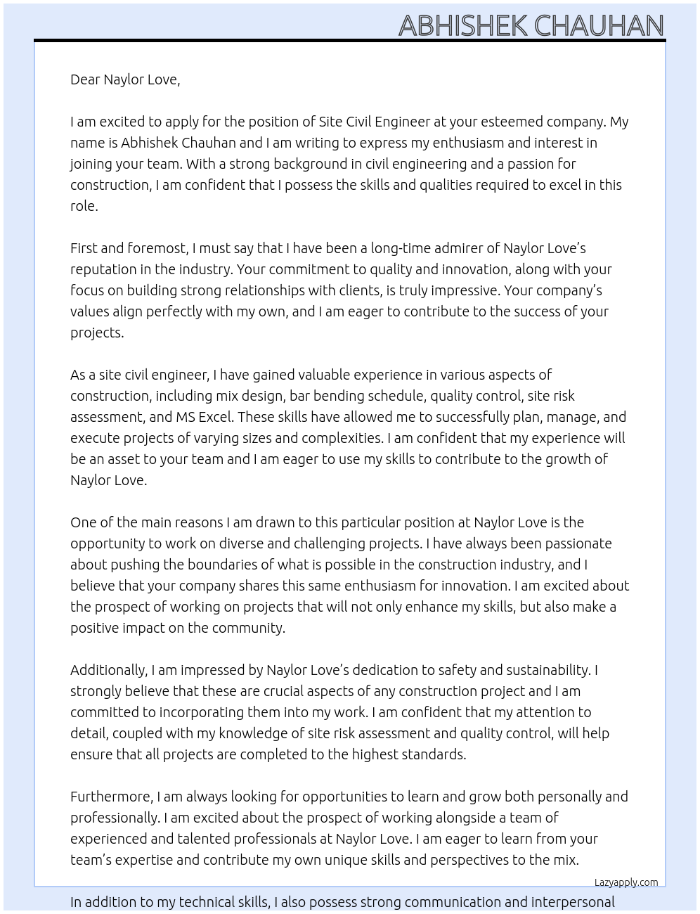 site civil engineer At Naylor Love Cover Letter