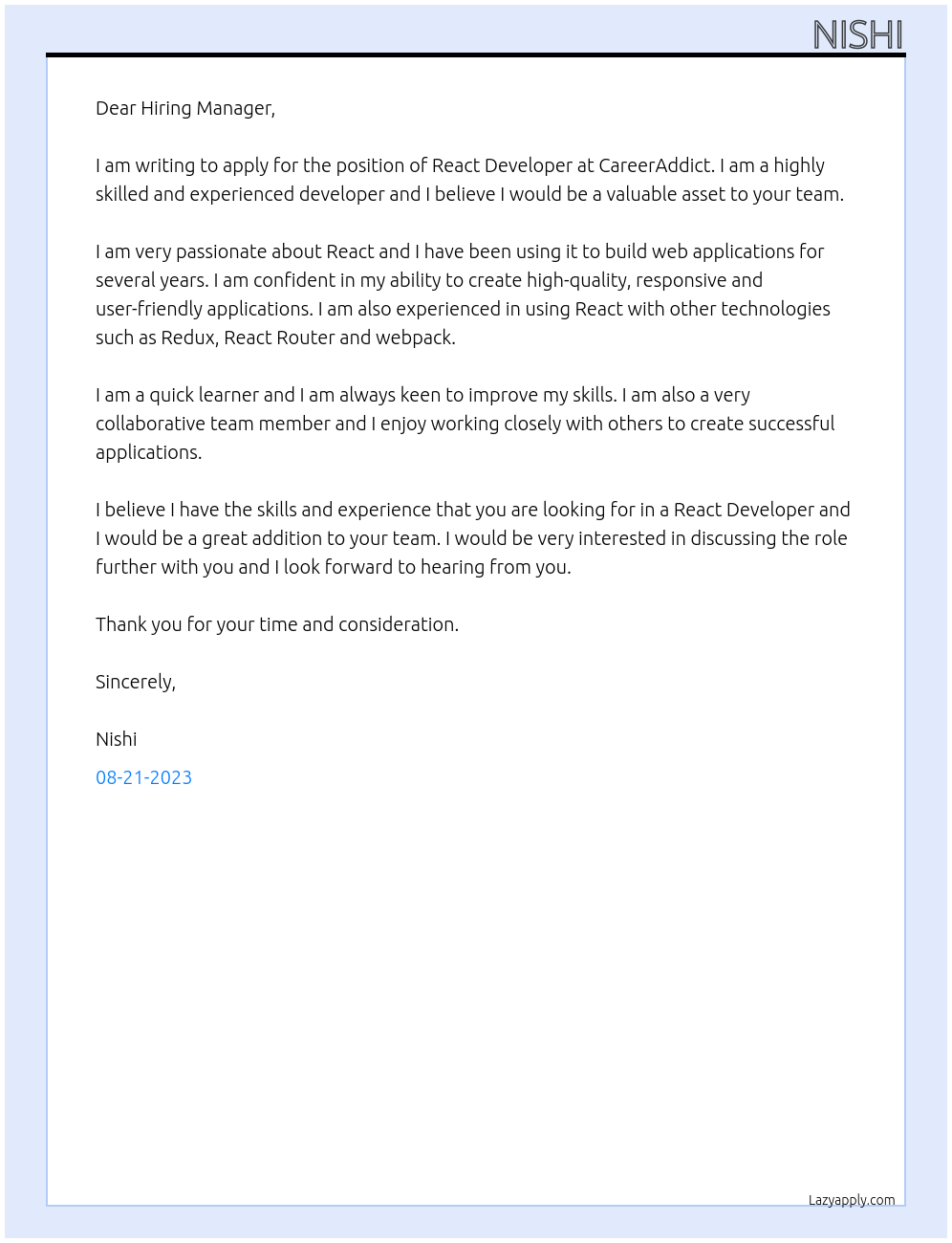 React Developer At CareerAddict Cover Letter