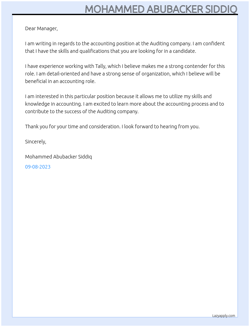 Accounting At Auditing company Cover Letter