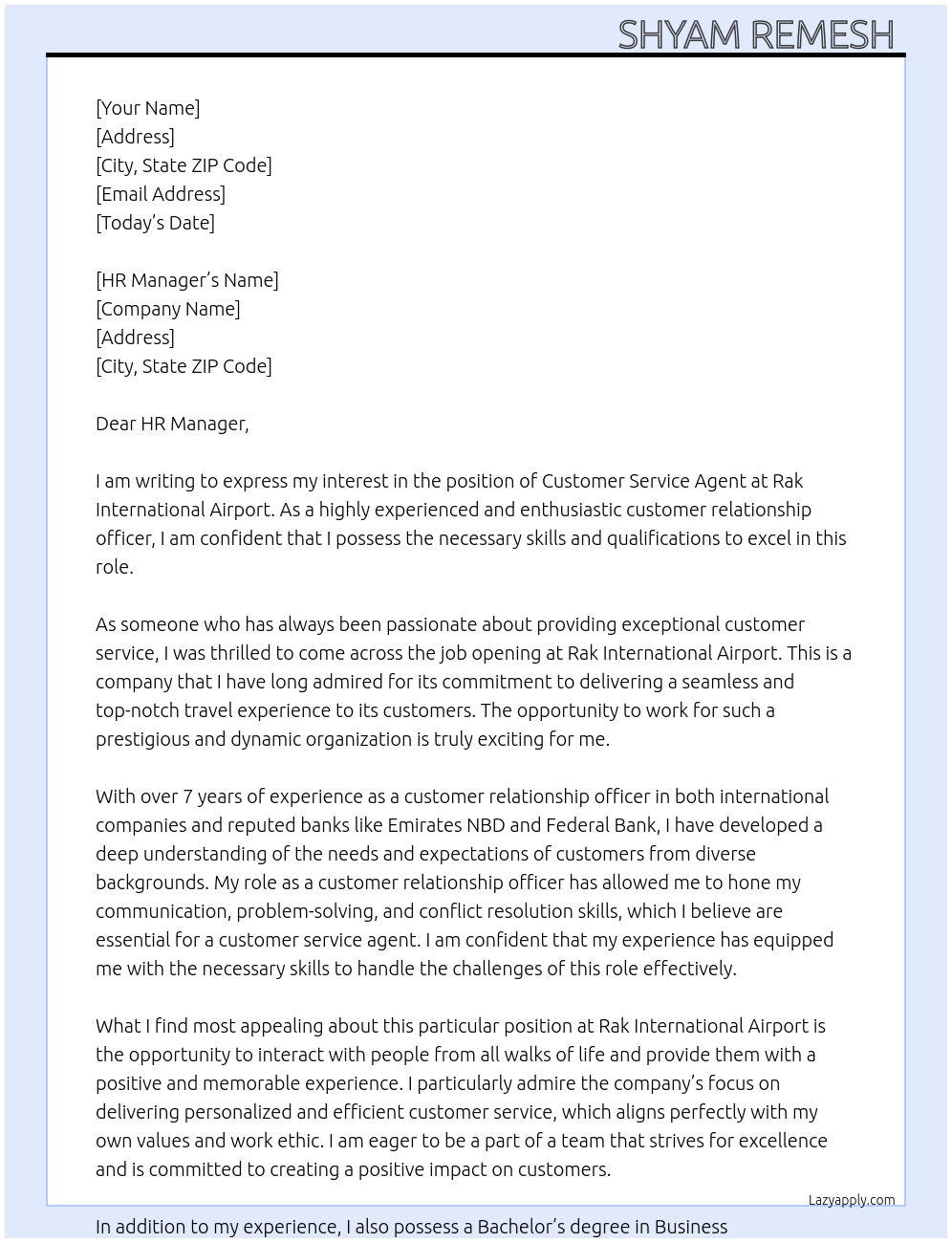 Customer service agent      At Rak international airport Cover Letter