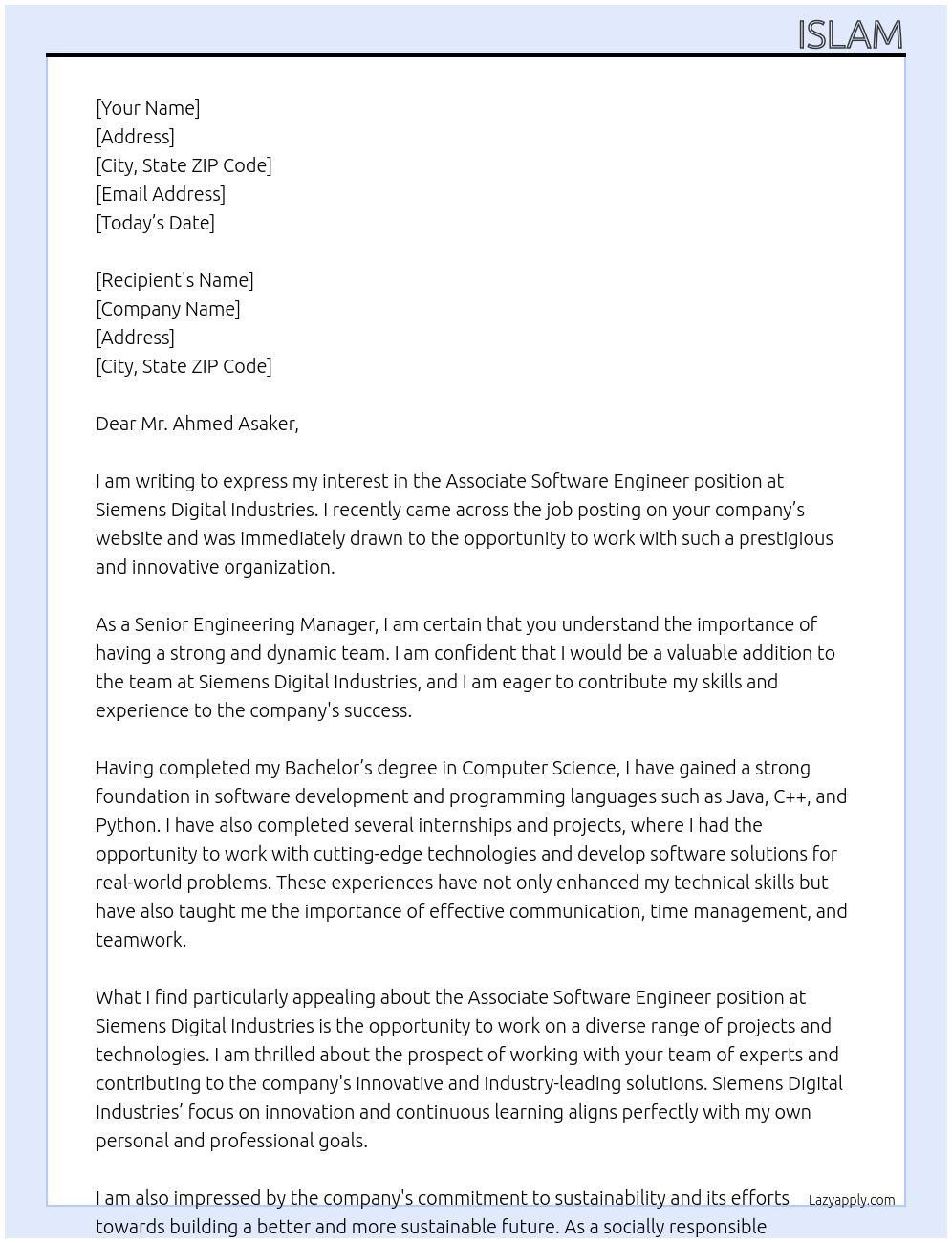 Associate Software Engineer At Siemens Digital Industries  Cover Letter