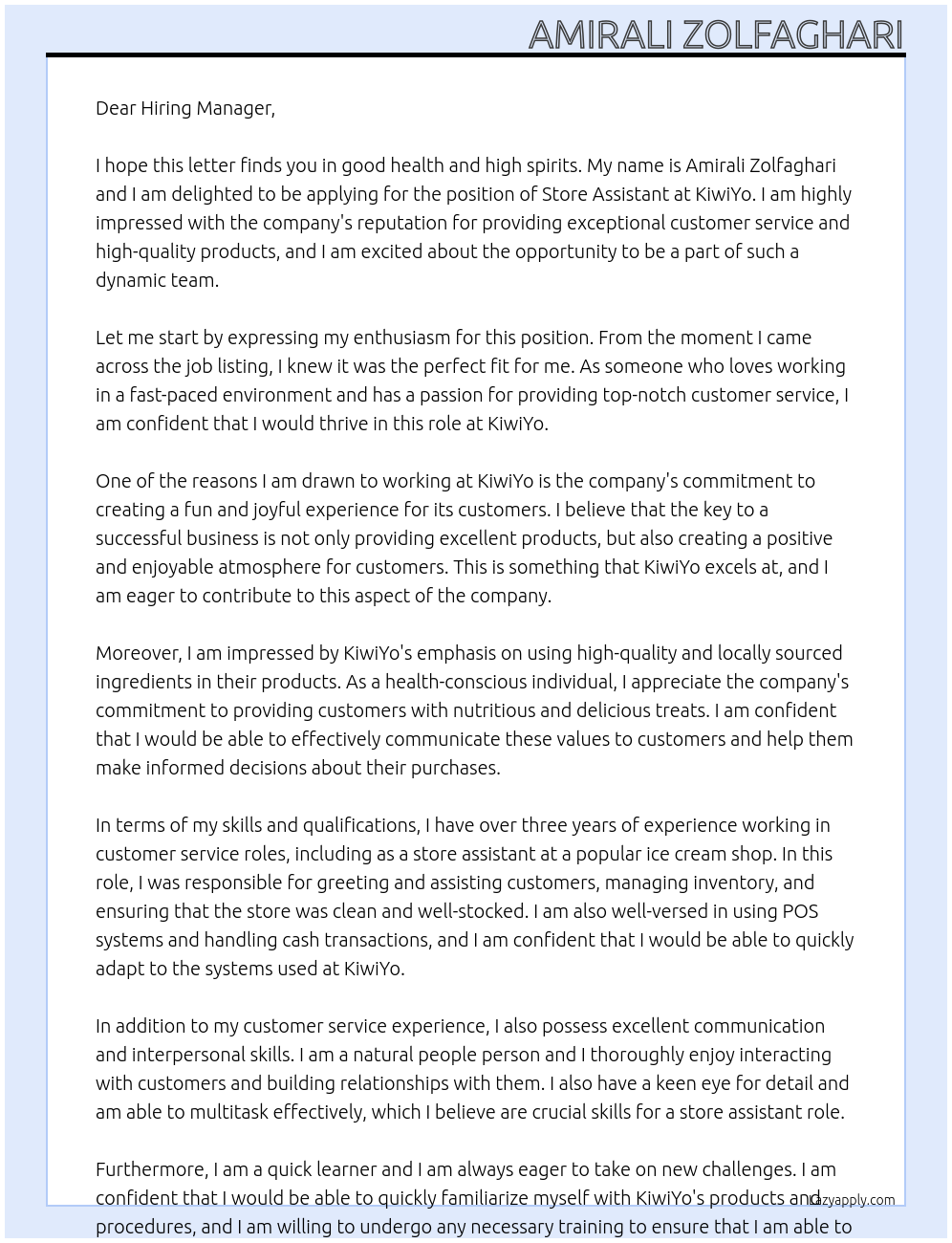 store assistant At KiwiYo Cover Letter