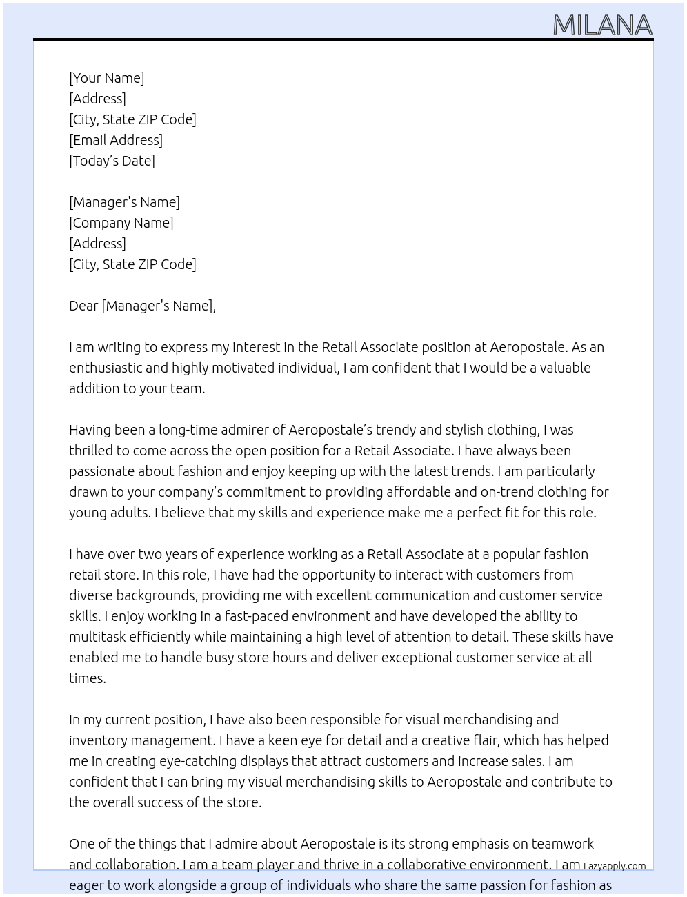 retail associate  At aeropostale  Cover Letter