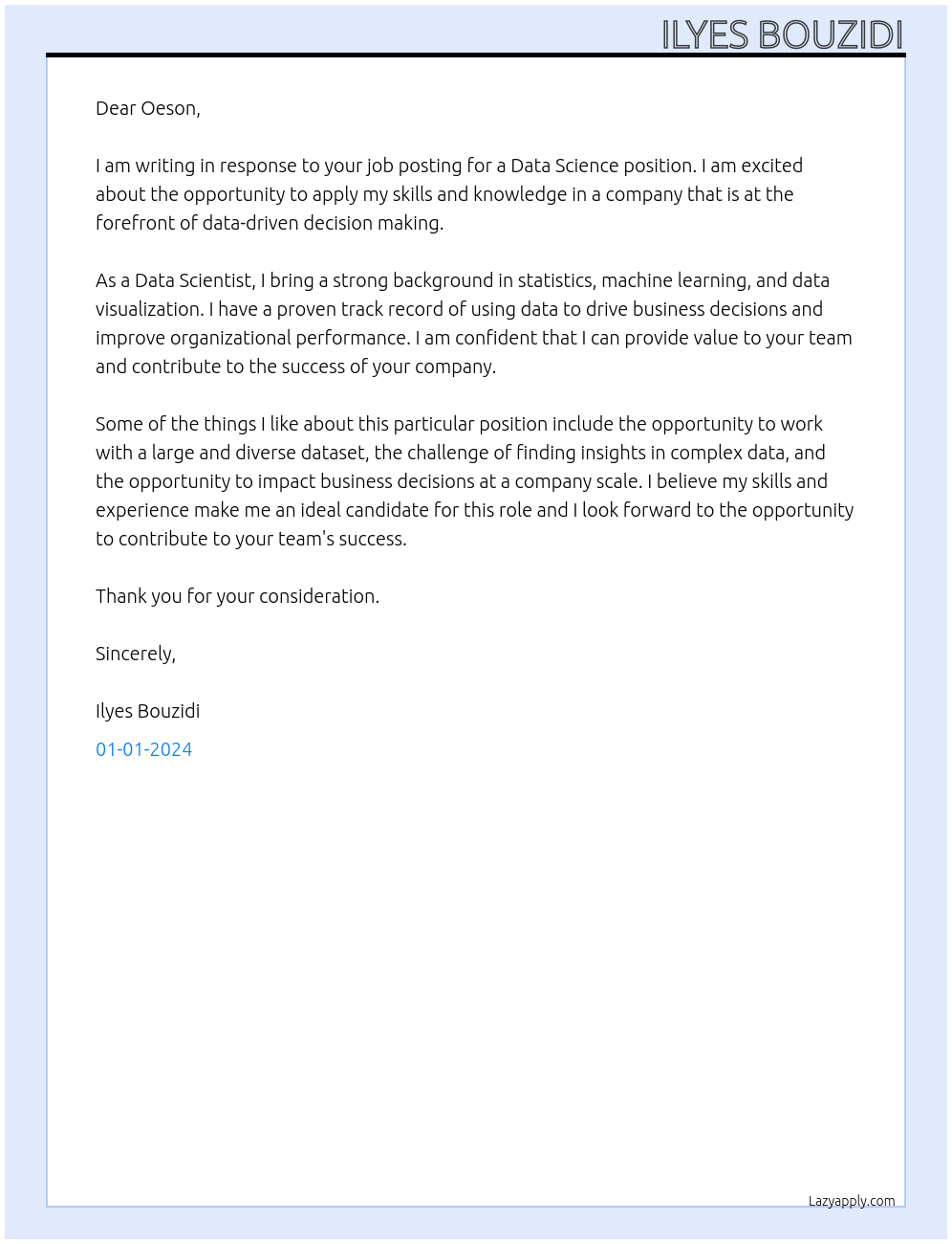 Data Science At Oeson Cover Letter