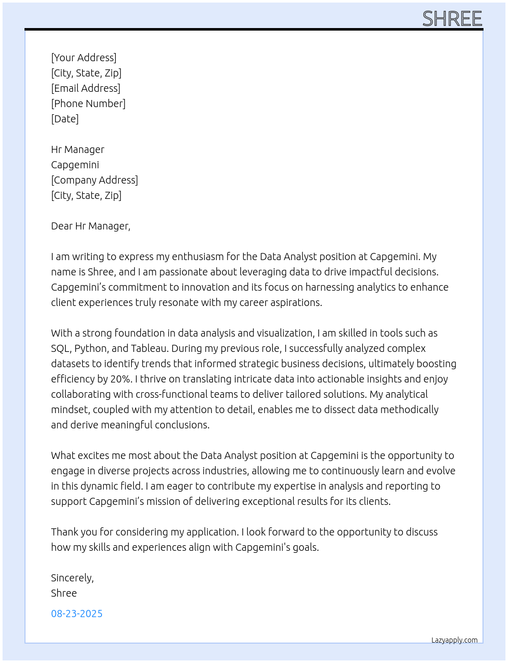 Data analyst At Capgemini Cover Letter