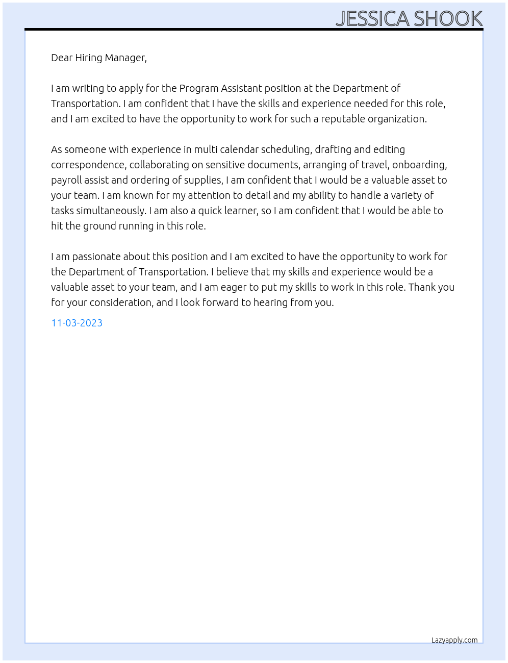 Program Assistant At Department of Transportation Cover Letter