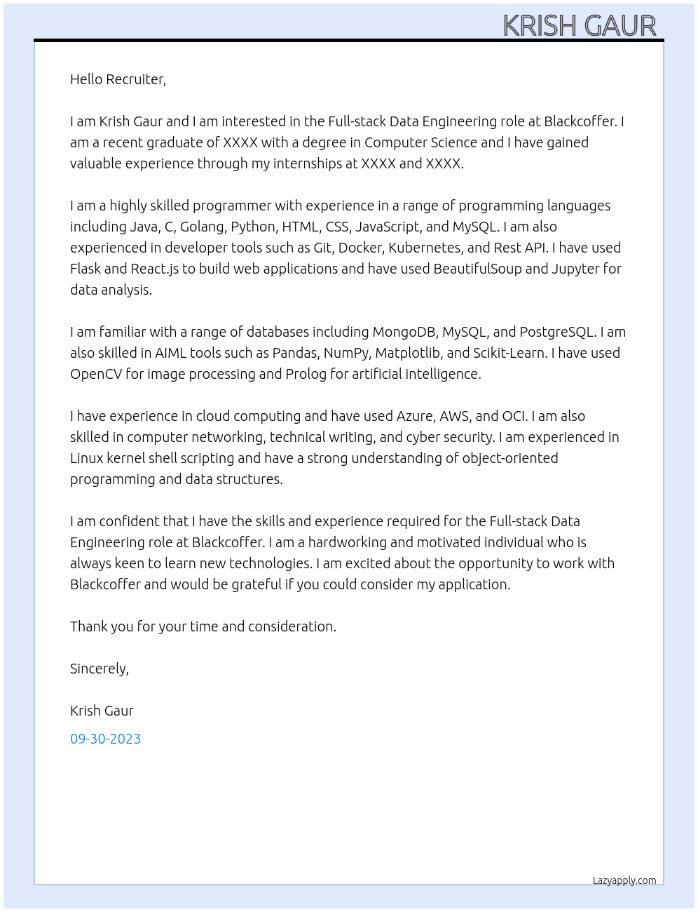Full-stack Data Engineering At Blackcoffer Cover Letter