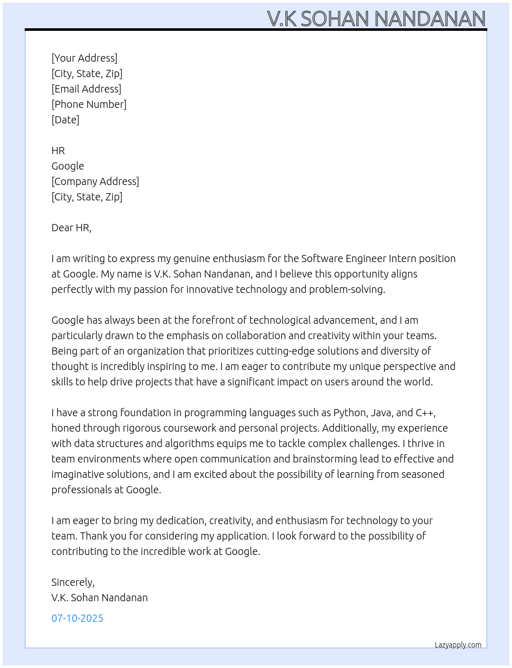 Software Engineer Intern At Google Cover Letter