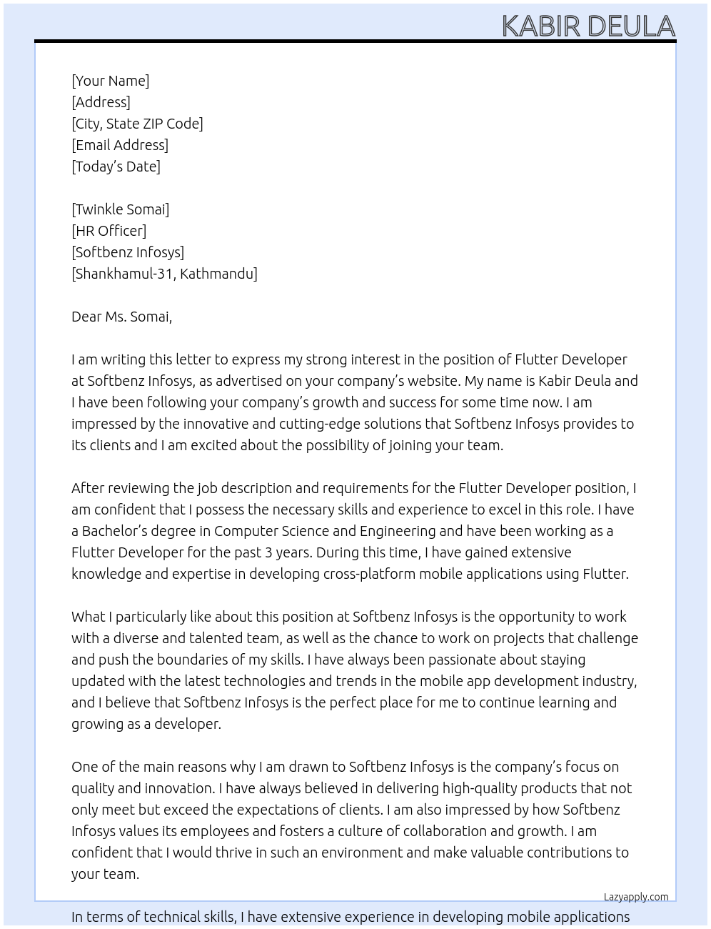 Flutter Developer At Softbenz Infosys Cover Letter