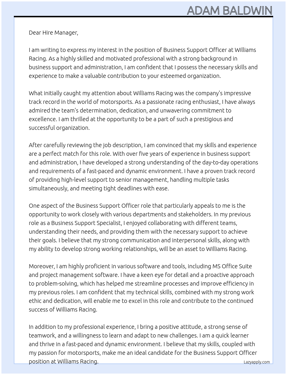 Business Support Officer At Williams Racing Cover Letter