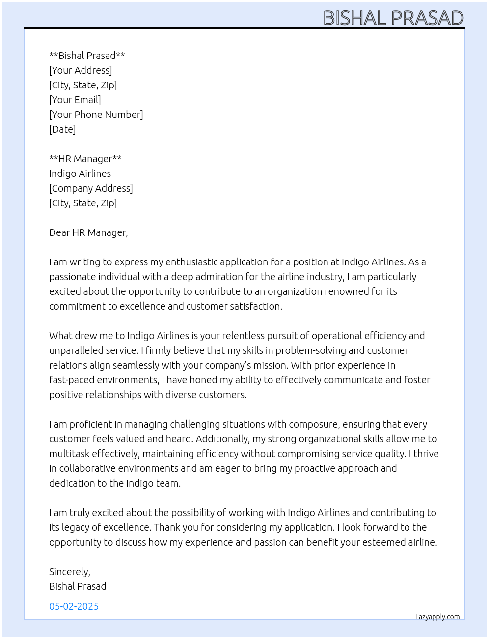 Indigo Airlines At Indigo Cover Letter