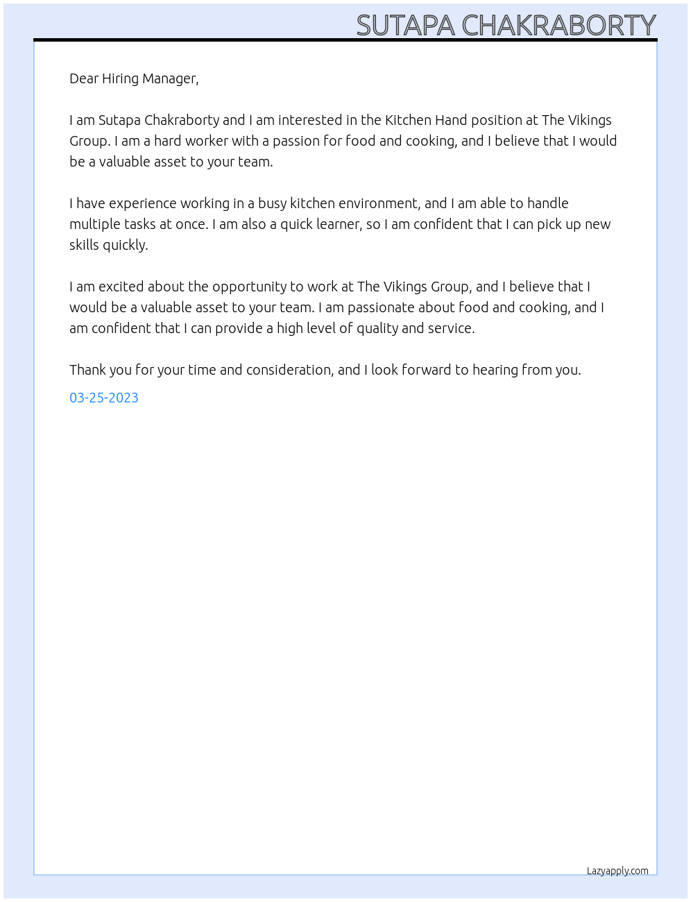 Kitchen Hand At The Vikings Group Cover Letter