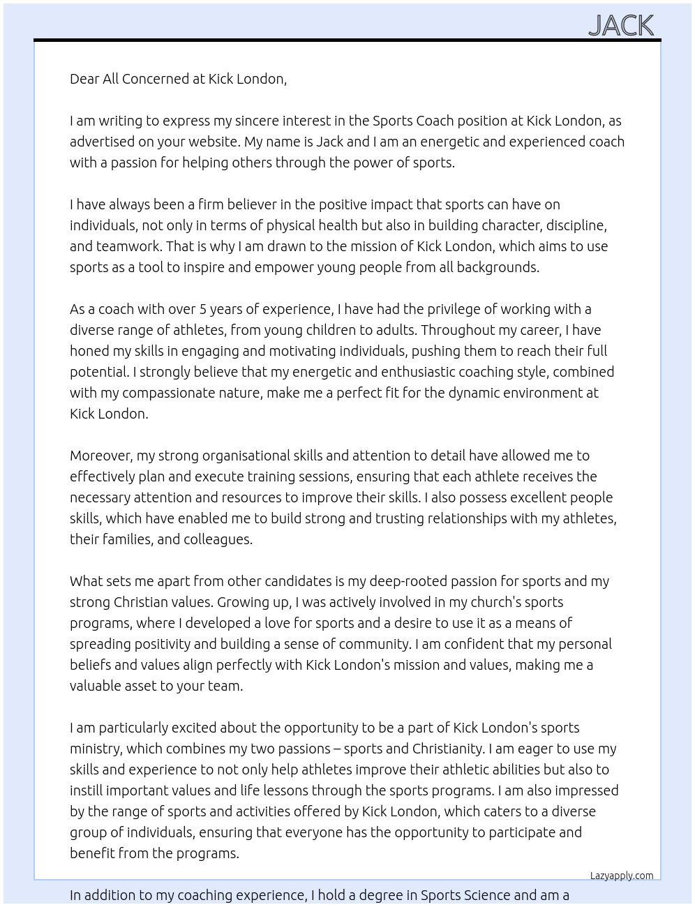 Sports Coach At Kick London Cover Letter