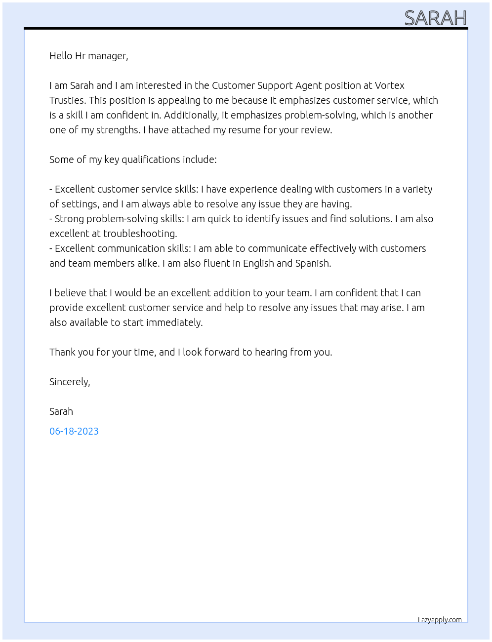 Customer Support Agent At Vortex Trusties Cover Letter
