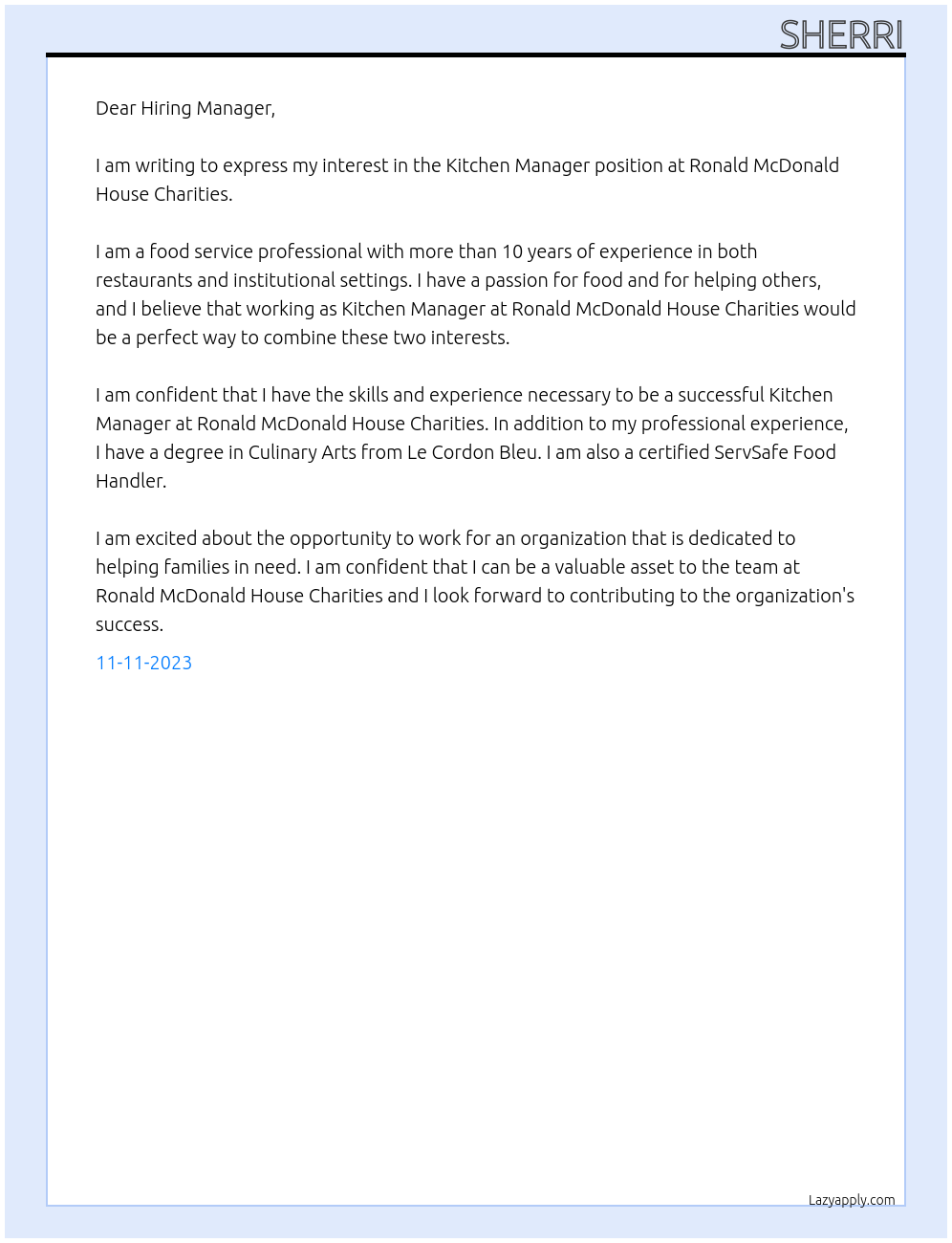 Kitchen Manager At Ronald McDonald House Charities Cover Letter