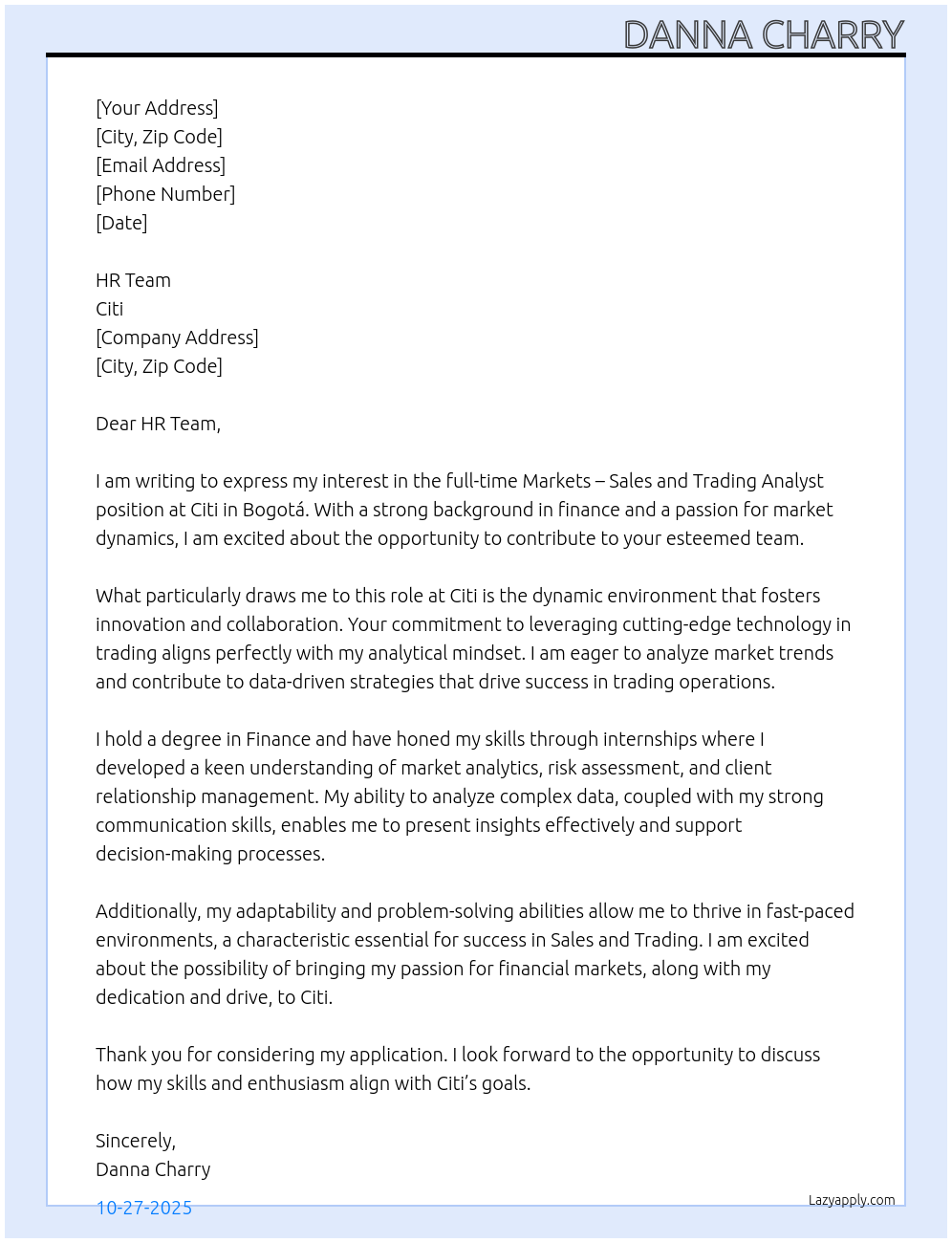 Markets – Sales and Trading Analyst At Citi Cover Letter