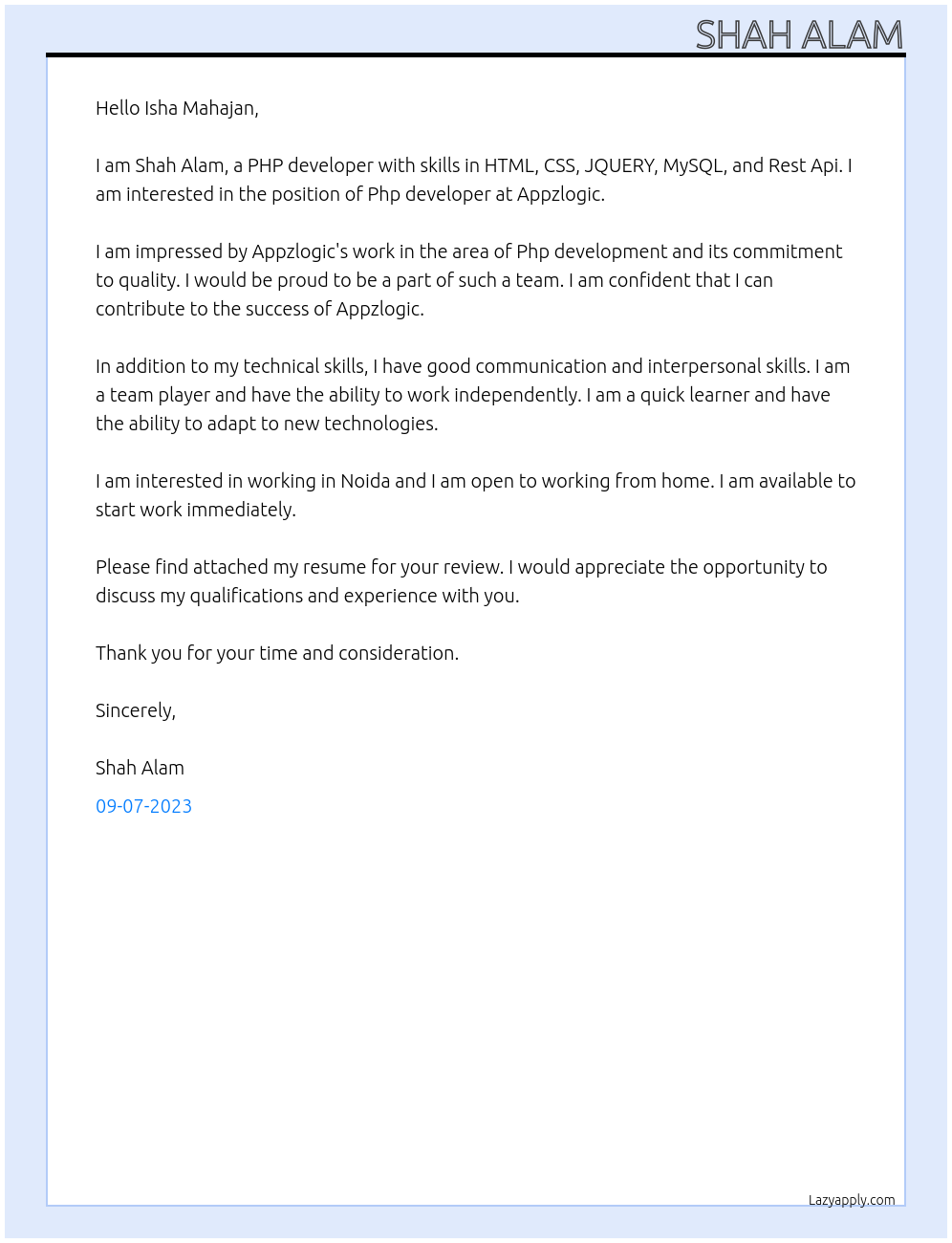 Php developer  At Appzlogic Cover Letter