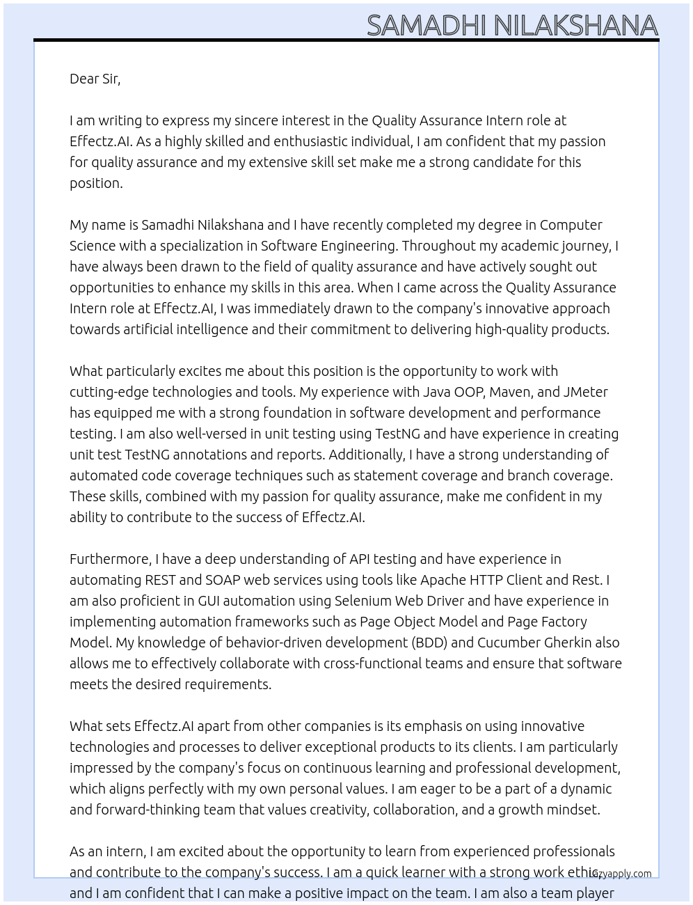 Quality Assurance At Effectz.AI Cover Letter