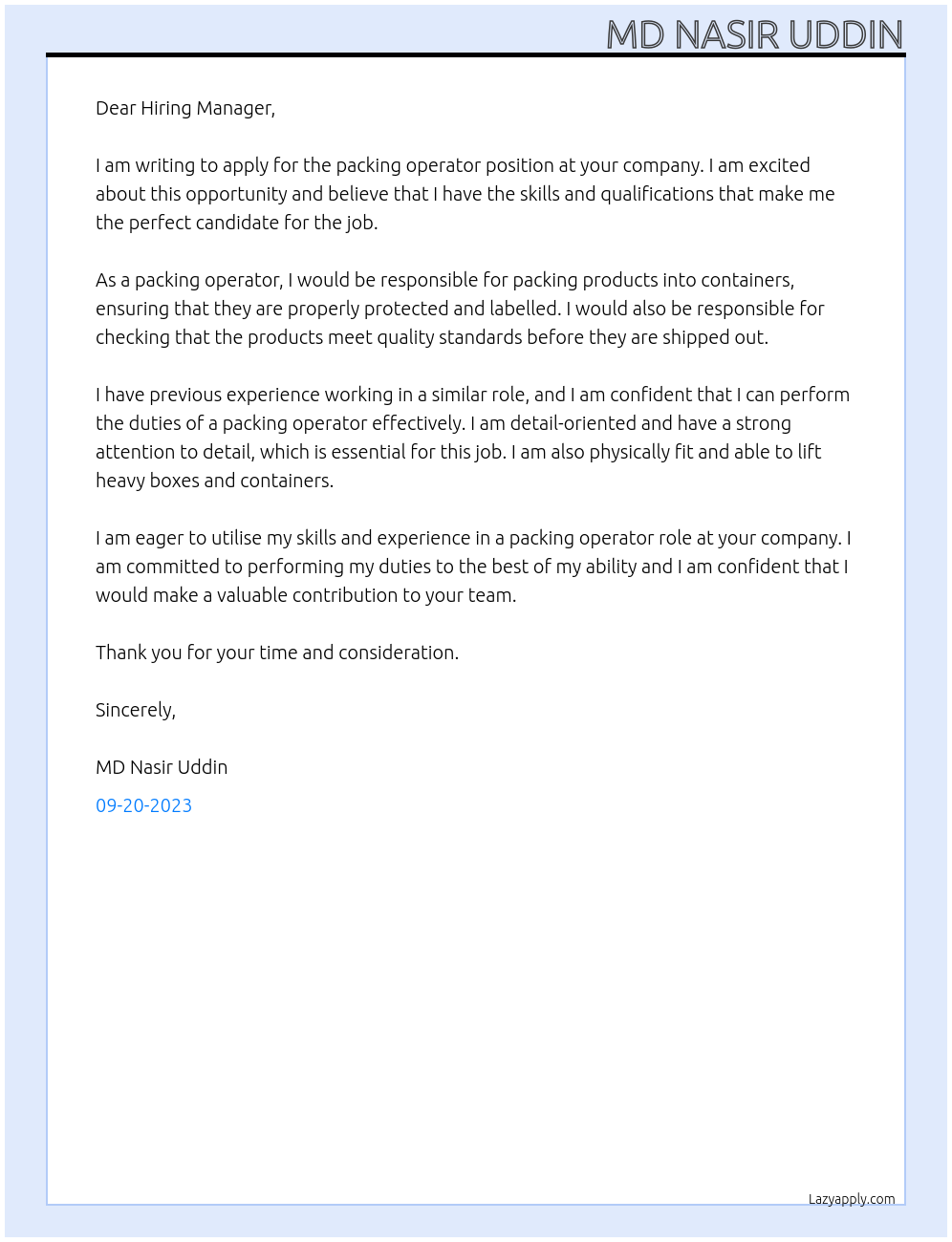 Packing operator At Hiring manager Cover Letter