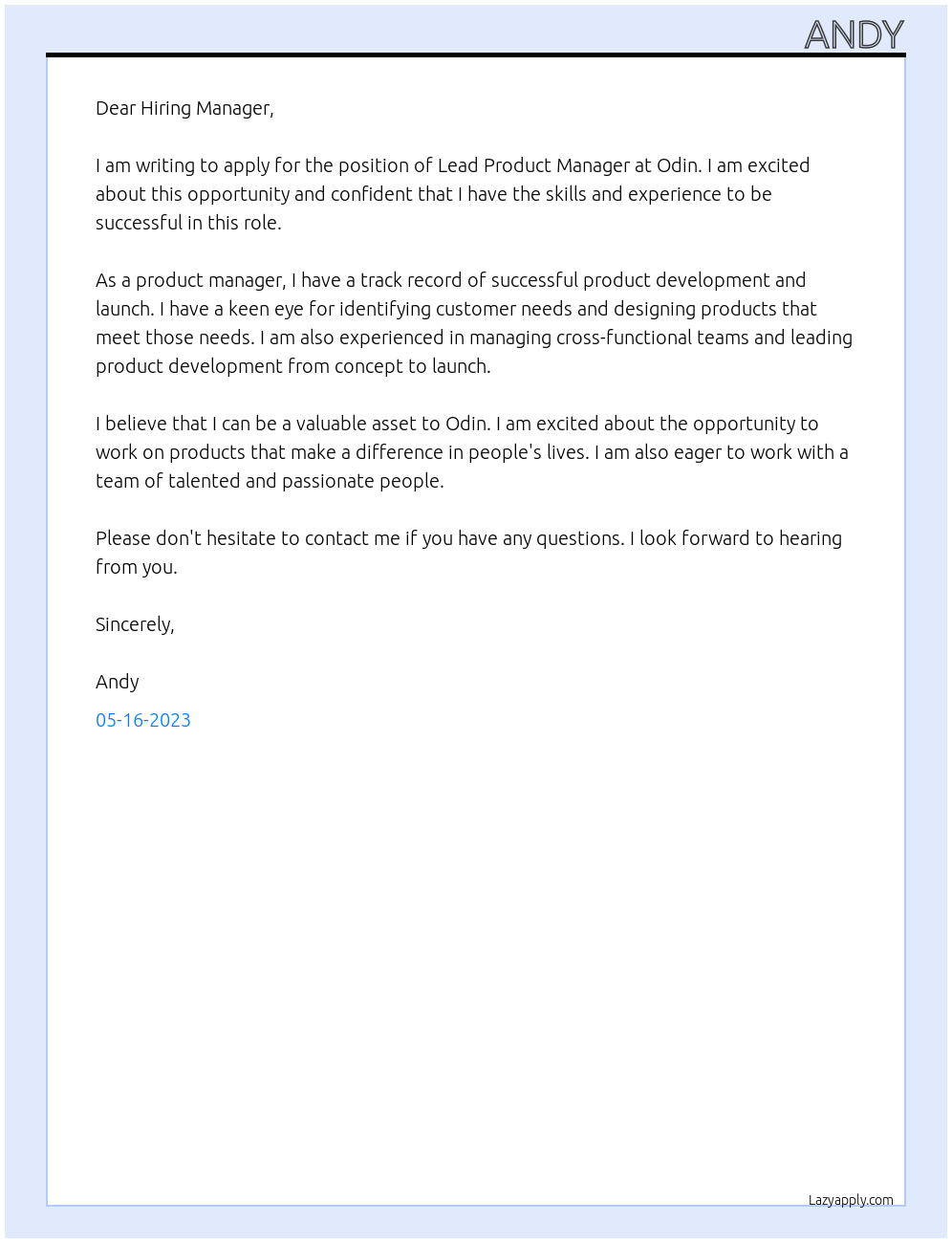 Lead Product Manager At Odin Cover Letter