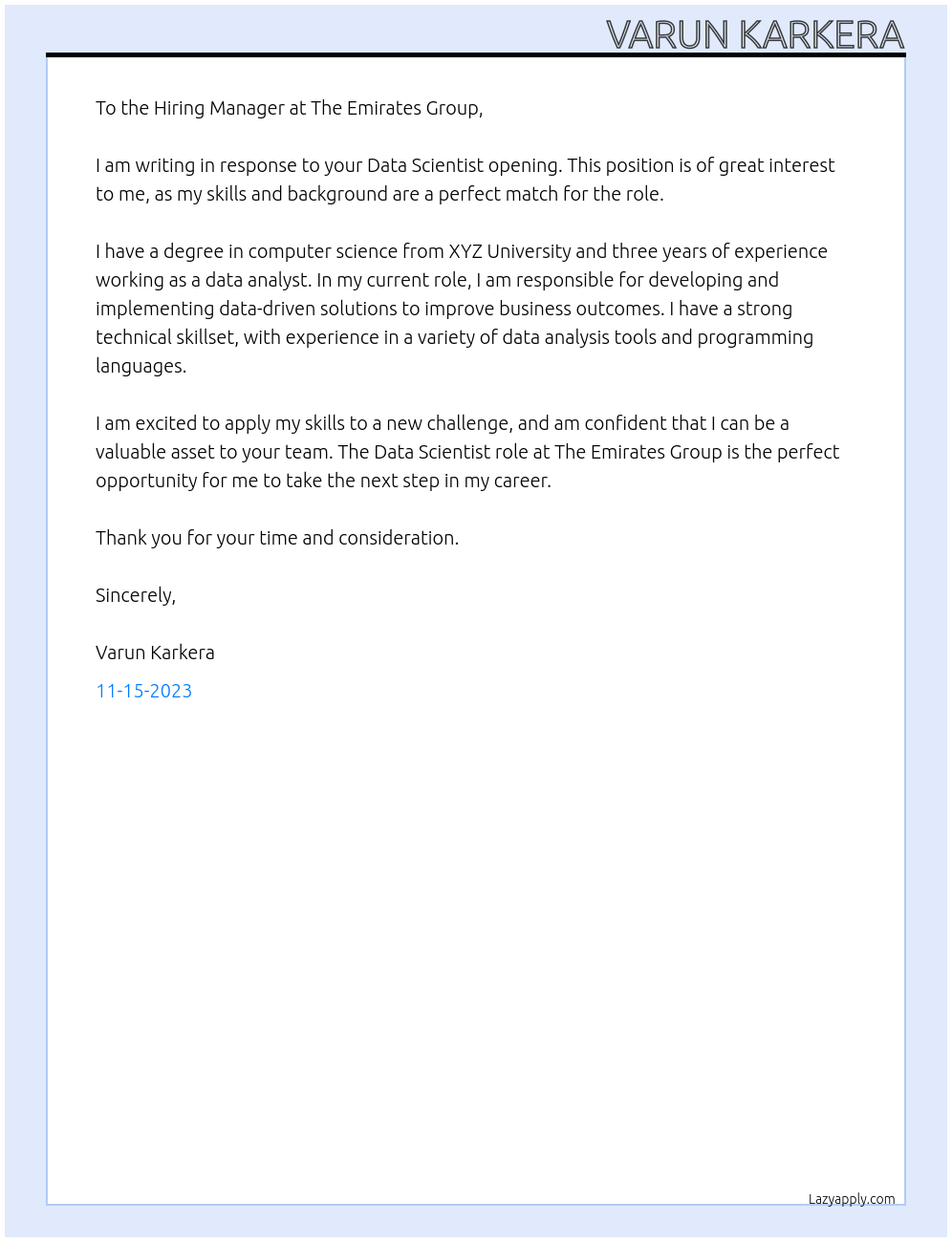 Data Scientist At The Emirates Group Cover Letter