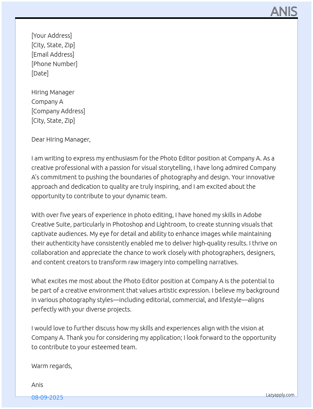 Cover letter for photo editor - LazyApply