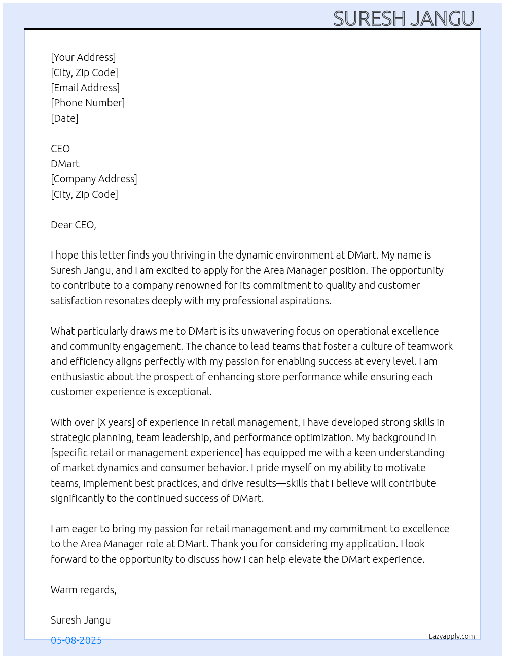 Area manager At DMart Cover Letter