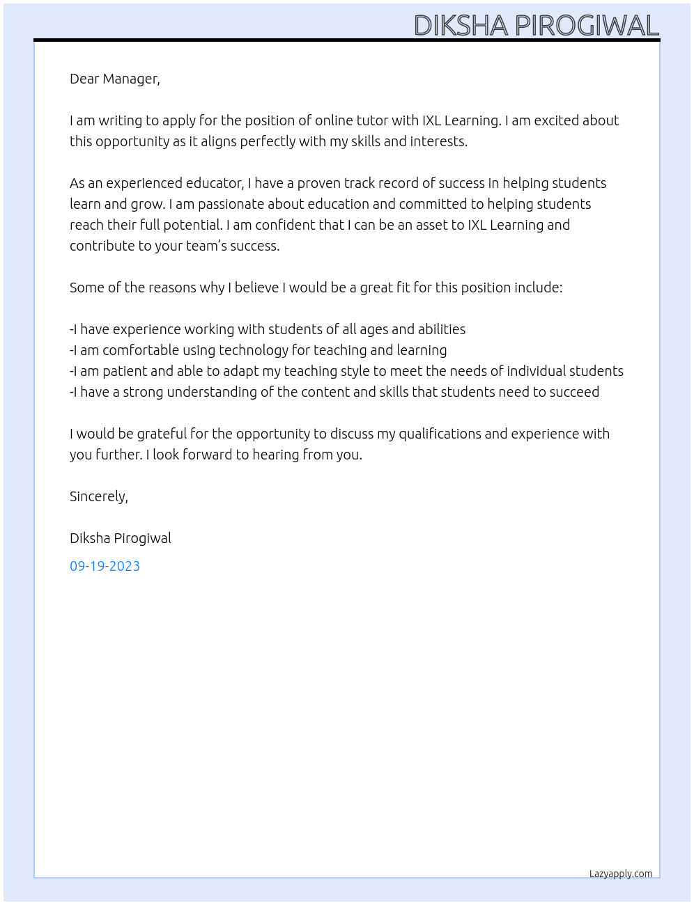 Online tutor At IXL learning Cover Letter