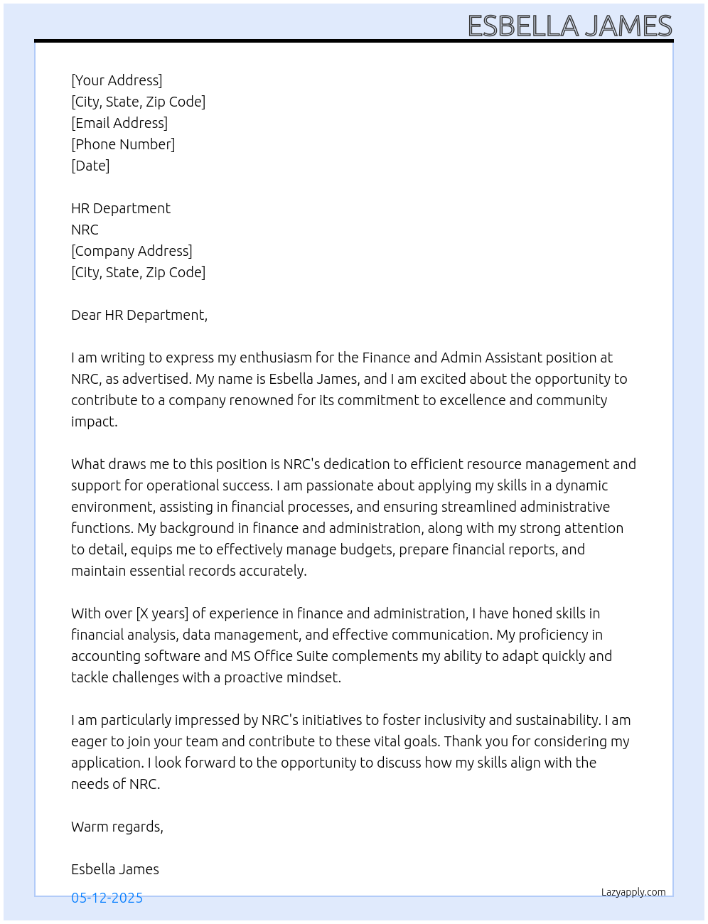 Finance and admin Assistant At NRC Cover Letter