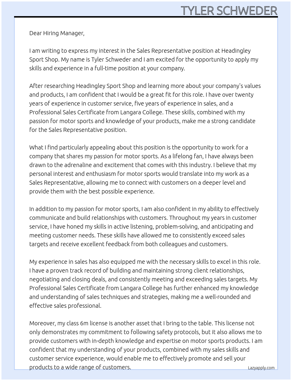 Sales Representative At Headingley Sport Shop Cover Letter