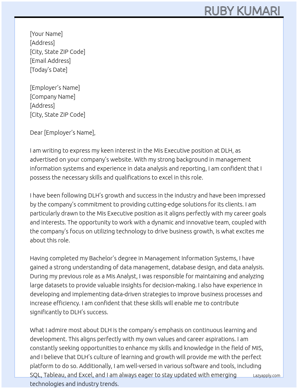 Mis executive At Dlh Cover Letter