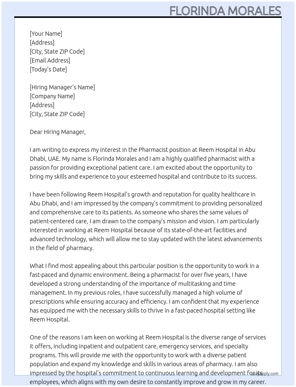 pharmacist At reem hospital Cover Letter