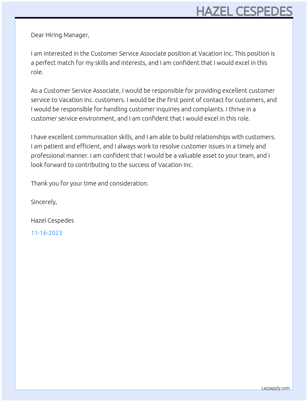 Customer Service Associate At Vacation Inc. Cover Letter