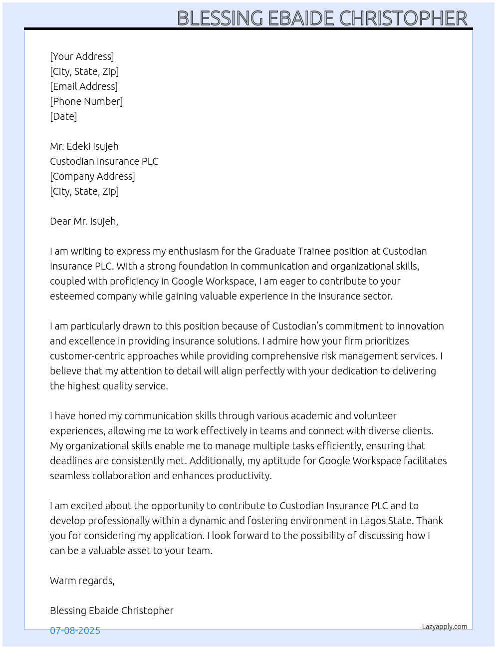 Graduate trainee At Custodian insurance plc Cover Letter